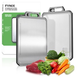 FYNIX 2 in 1 Stainless Steel Cutting Board Large 17X12 Dual-Sided with Knife Sharpener, Garlic Peeler, Non-Slip Stand, PP Non toxic double sided Chopping Board for Meat, Veggies – Dishwasher Safe