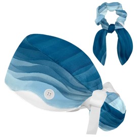 IROLSKDNFH Women’s Working Caps with Button Art Watercolor Blue Waves Long Hair Cover Ribbon Lace-Up Scrub Cap