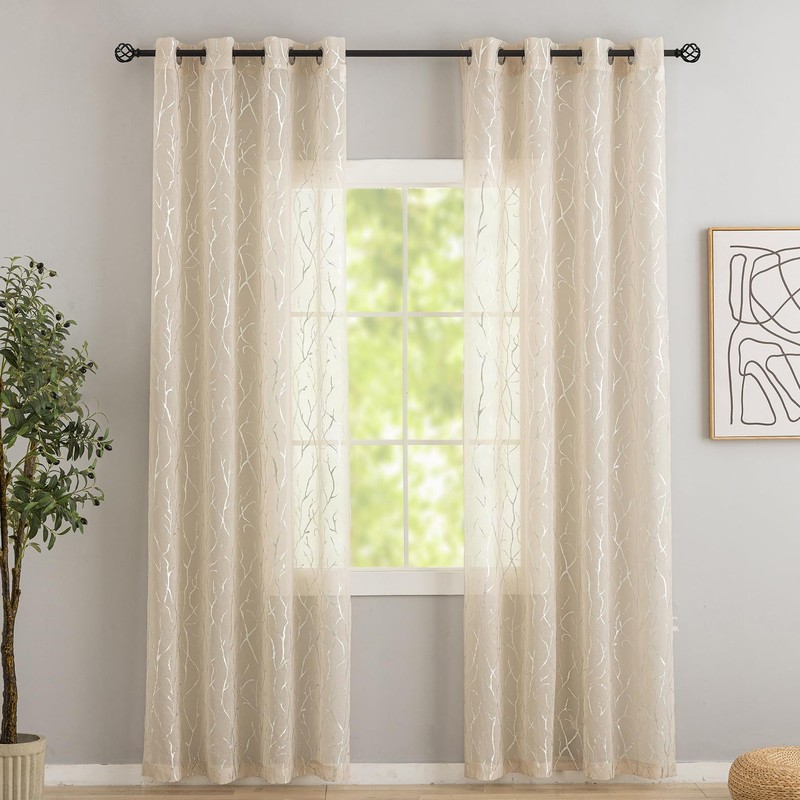 Kotile Shimmer Taupe Sheer Curtains 84 Inches Long 2 Panels