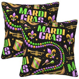 Gnhkmw Happy Mardi Gras Carnival Pillow Covers 18X18, Colorful Fleur de Lis Mask and Beads Decorative Throw Pillow Covers, Carnival Pillowcase Cushion Case for Home Sofa Couch Indoor Outdoor Set of 2