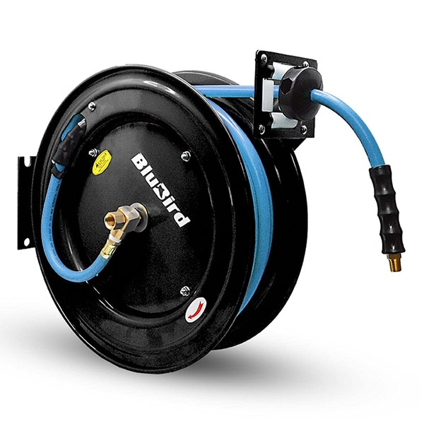 BLUBIRD BBR1250 20ga. Retractable Hose Reel with 1/2" X 50' Air Hose, 12 Point Ratcheting Gear, Next-Gen Rubber, Lightest, Strongest, Most Flexible, 300 PSI, -50F to 190F Degrees, Polyester Braided
