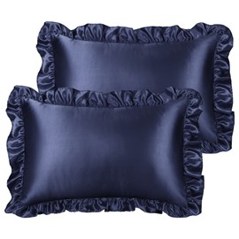 PiccoCasa Satin Pillowcases for Hair and Skin, Retro Silky Pillow Cover with Luxury Ruffle and Envelope Closure Satin Pillow Cases 2 Pack Navy 50 x 65cm