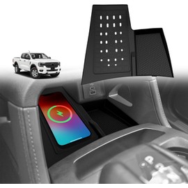 Muslogy Compatible con Ford Ranger 2024 2025 Accesorios Consola Central Cargador Inalámbrico Alfombrilla Protectora Consola Central Insertos Forro Antideslizante Área de Carga de Teléfono Protección