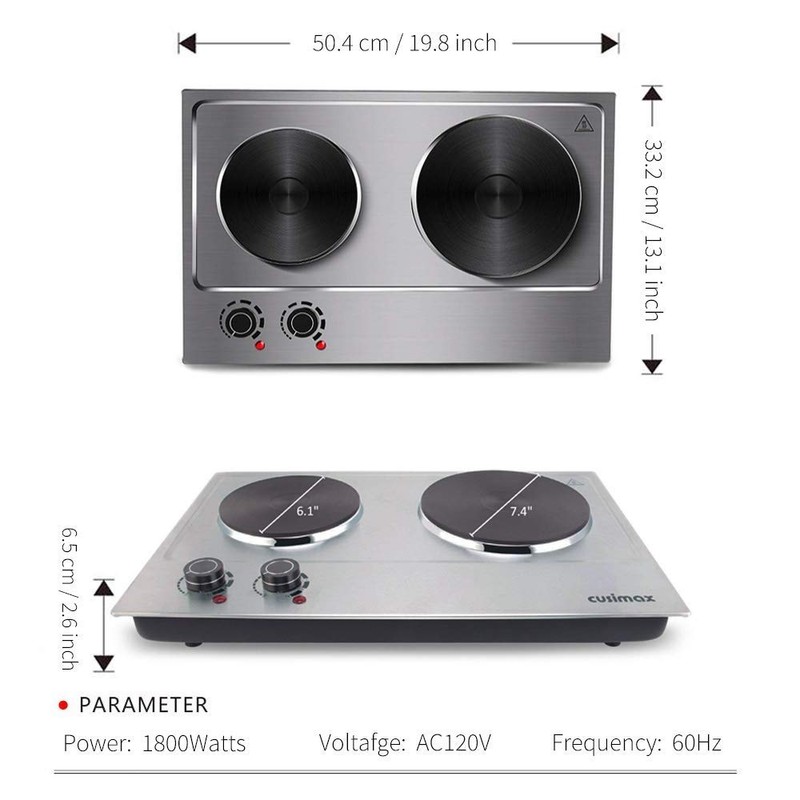 CUSIMAX 1800W Double Hot Plate, Stainless Steel Silver Countertop Burner