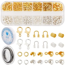 SOFPLATE 1 Box 1242Pcs Crimp Beads Supplies Jewelry Making Kits Bead Knot Covers Include Wire Guardian Crimp Covers Tubes Clasps Closures Jump Rings Findings for DIY Necklace Bracelet Beading Crafting
