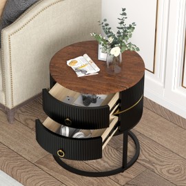 O&K FURNITURE Marble End Table with Storage, Round Nightstand with Drawer, White and Gold Side Table Metal Legs for Bedroom Living Room, Bedside Table Furniture, Marbling Natural Stone