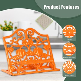 MINLUFUL Vintage Cookbook Stand, Robust Wrought Cast Iron Recipe Book Holder for Kitchen Counter, Large Metal Cook Book Stand with Pumpkin Design, Orange