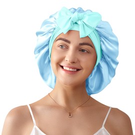LitBear 100% Mulberry Silk Sleep Cap for Women, 6A 22 Momme, Large Double Layer Silk Hood with Elastic Band for Tying Non-Slip Silk Turban (Light Blue and Lake Blue)