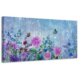 Canvas Wall Art Purple Pink Flowers Picture Natural Butterfly Watercolor Painting Vintage Framed Blue Artwork for Living Room Bedroom Office Home Kitchen Dinning Room Decor 40"x20" , One Panel