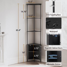 SUNMORY 5 Tier Corner Cabinet, 65.4" Tall Corner Shelf with Storage, Display Shelf Corner Shelves for Living Room Decor, Wall Corner Bookshelf, Plant Stand for Bedroom, Bathroom, Kitchen, Small Space