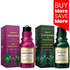 New Miuz Roll-On Essential Oil Blends Calming Essential Oil Rose Jasmine Vanilla & Cleansing and Protect Juniper Berry White Sage with Nerolina, Pack of 2