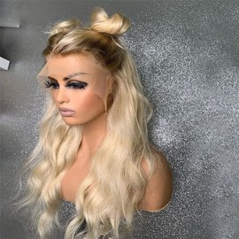 ANDRIA Ombre Blonde Wig lace front wigs Long Wigs Loose Wave Glueless Lace Wig Blonde Synthetic Heat Resistant Fiber Wig With Baby Hair Natural Wavy Dirty Blonde Body Wave Colorful wig for Women 24"