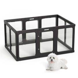 Acrylic Dog Playpen Indoor, 10 PCS Plastic Puppy Playpen with Door, Clear PlayPen for Dog Cat Rabbit Ferret, Preferable Small Dog Cage, Easy Assemble Pet Pen, 50" L x 33.5" W x 24" H, Black