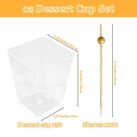 Motthjcw 50 Pcs 5 OZ Dessert Cups with 100 Sticks, Clear Square Charcuterie Small Plastic Cups, Catering Supplies for Party Desserts, Yogurt, Fruit, Pudding, Mousse (Clear)