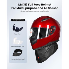 ILM Full Face Motorcycle Street Bike Helmet with Removable Winter Neck Scarf + 2 Visors DOT Model-JK313 (S, Bright Red)