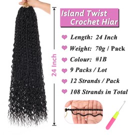 Samtress 24 Zoll Boho Senegalese Twist Crochet Hair with Curly Ends 9 Packs Pre-Looped Boho Island Twist Crochet Braids with Curls Bohemian Natural Black Goddess Senegalese Twist Braids for Women(#1B)