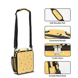 OSAM SPACE Bee Unisex Lunch Tote Bag for Girls and Boys, Spacious 10.5x3.5x9.5 inch Insulated Lunch Box with Adjustable Shoulder Strap, Reusable and Durable Polyester Material