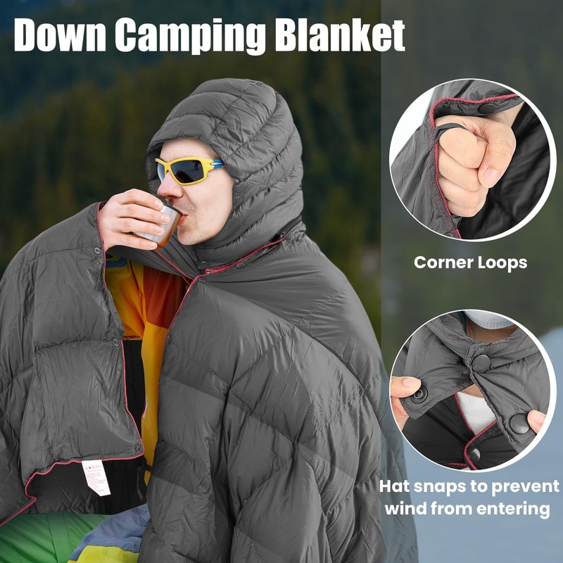 HunnmingRe Upgraded Hooded Down Camping Blanket Waterproof 650 Fill Puffy