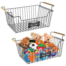 Lolytama Dog Toy Basket, Iron Wire Dog Toy Bin, Mesh Wire Basket with Wooden Handles, Chew-Proof Dog Food Toy Storage Container, Black Sturdy Dog Basket for Dog Leash,Collar,Dog Toy,Snacks