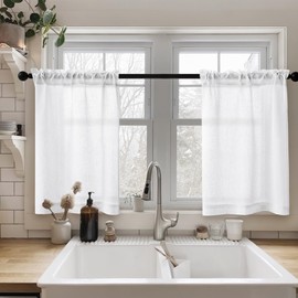 White Linen Kitchen Window Curtains 2 Panels Rod Pocket Linen Cafe Curtains 24 Inch Length Light Filtering Semi Sheer Boho Off White Short Tier Drapes for Small Window Basement Bathroom RV 26Wx24L