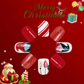 24 Pcs Christmas Lights Press on Nails Santa Claus Stick on Nails Christmas Snowflake Acrylic Fake Nails Short Square Glossy Red Glitter Line False Nails Xmas Gel Glue on Nails for Coquette Women Girl