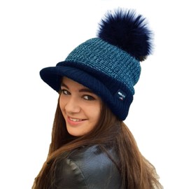 RockJock Ladies Warm Fleece Lined Knitted Peaked Beanie Baseball Cap with Detachable Faux Fur Pompom- wear with or Without Blue