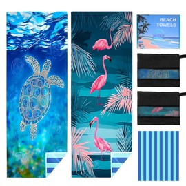 DFFGGD 2 Pack Microfiber Beach Towels in a Gift Box. 71x32 Inch Extra Large Super Absorbent Lightweight Quick Dry Oversized Towel for Vacation Essentials Travel Pool Yoga. （Flamingos & Turtle）