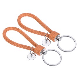 PATIKIL Braided Leather Keychain with Stainless Steel Key Ring Sleeve, 2 Pack PU Woven Wristlet Lanyard Strap Fob Keyring Holder for Car Bag Wallet Pendant, Orange