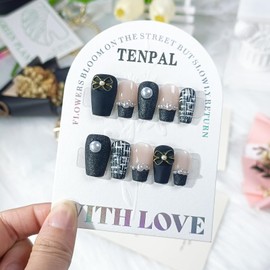 TENPAL French Tip Press on Nails Medium,Acrylic Black Nails Press ons,Handmade Fake Nails With Pearl Bow Pattern, Reusable Short Cute False Nails With Tools,10pcs/Box Glue on Nails,Small Size