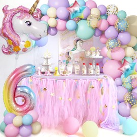 120Pcs 6th Unicorn Balloons Arch Garland Birthday Party Decorations Girls Purple Pink Pastel Macaron Balloons with Huge 3D Unicorn Age Foil Balloons Happy Birthday Banner Set