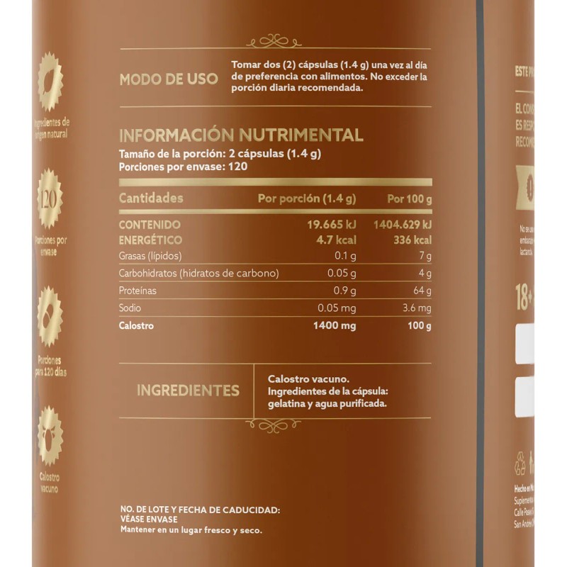 Calostro Bovino De 240 Cpsulas De 700 Mg. 100 Puro.