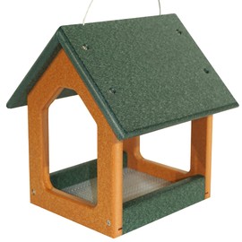 DutchCrafters Mini Modern Fly-Through Hanging Bird Feeder with Covered Roof & Aluminum Mesh Seed Tray, Plastic Poly - Amish Made in USA (Turf Green & Cedar)