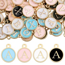 104PCS Letter Charm for Jewelry Making, 4 Sets A-Z Alphabet Charm Double-Side Enamel Initial Letter Charms for Necklace Bracelet Earring DIY Craft Jewelry Making (Black, White, Pink, Blue)