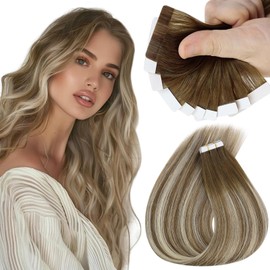 Sunny Hair Tape in Hair Extensions Human Hair Invisible Tape in Hair Extensions 10Pcs Tape in Extensions Real Human Hair Straight Hair Extensions for Women 24 inch Medium Brown with Platinum Blonde