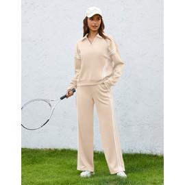 SHESHOW Womens Lounge Sets 2 Piece Outfits Tracksuit 2-Stripes Wide Leg Pants Womens Matching Sweatsuit with Pockets Khaki XL