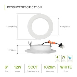 ASD Flat Trim Retrofit LED Recessed Lighting 6 Inch | Ultra Thin White 12W 1021LM Wet Rated Dimmable Downlights | 2700K-5000K Adjustable Recessed Light Fixtures | Disk Can Lights, ETL 12 Pack