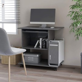vidaXL Compact Computer Desk - Engineered Wood, Space-Saving High Gloss Gray, Designed for Laptop and Desktop with Sliding Keyboard Tray, CPU Shelf, 2 Extra Shelves, Easy Mobility with Pre-Install...