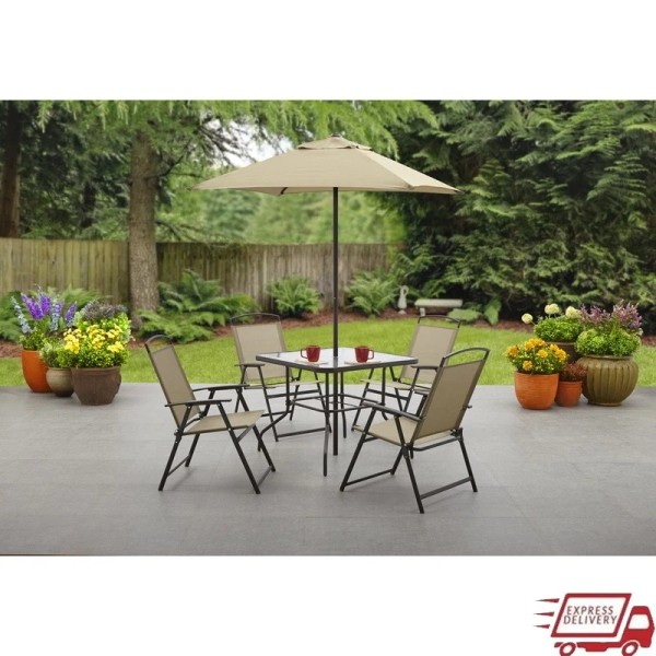 Unbranded Patio Dining Set 6-Piece W/ Umbrella Foldable Chairs &