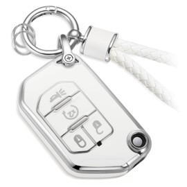 CTRINEWS for Jeep Key Fob Cover with Metal Braided Rope Keychain, Upgraded Soft Case for Jeep Wrangler Rubicon Gladiator JL JLU JT Sahara JLU Flip (4 buttons) Fob Shell (Silver, C1)