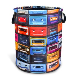 NUTAINLA Vintage Cassette Music Tape Laundry Basket Foldable Oxford Cloth Funny Tote Bag Laundry Hamper Clothes Storage Bucket Toy Organizer For Bathroom/Laundry Storage/Bedroom 18.9x16.5 Inch