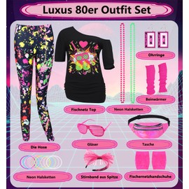 Miulruma 80s Women's Costume Set 80s Outfit T Shirt, 80s Artistic Leggings, Earring, Necklace, Bum Bag Retro 80s Outfit Party Accessories for Carnival Clothing Women Girls 036S