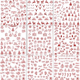 HNUIX Nail Stickers - 3D Christmas, Self Adhesive Nail Decals, Multi Pattern, Red, 9 Sheets, for Nail Art