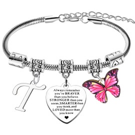 Always Remember You are Braver Inspirational Bracelets for Women Letter A-Z Initial Bracelet Butterly Charm Bracelet Motivational Butterlies Birthday Gifts for Family Friends (Letter T Bracelet)