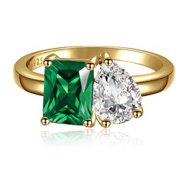 BONLAVIEGEM Toi Et Moi Ring 925 Sterling Silver Women Engagement Ring 14K Gold Plated 1.5ct 6x8mm Double Stone Ring Emerald & Pear Cut Cubic Zirconia Wedding Band Width Band 2mm Size 9