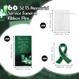Unittype 60 Set Funeral Ribbon Pins Awareness Lapel Pin Remembrance Ribbon Brooch with Prayer Cards Organza Bags(Green)