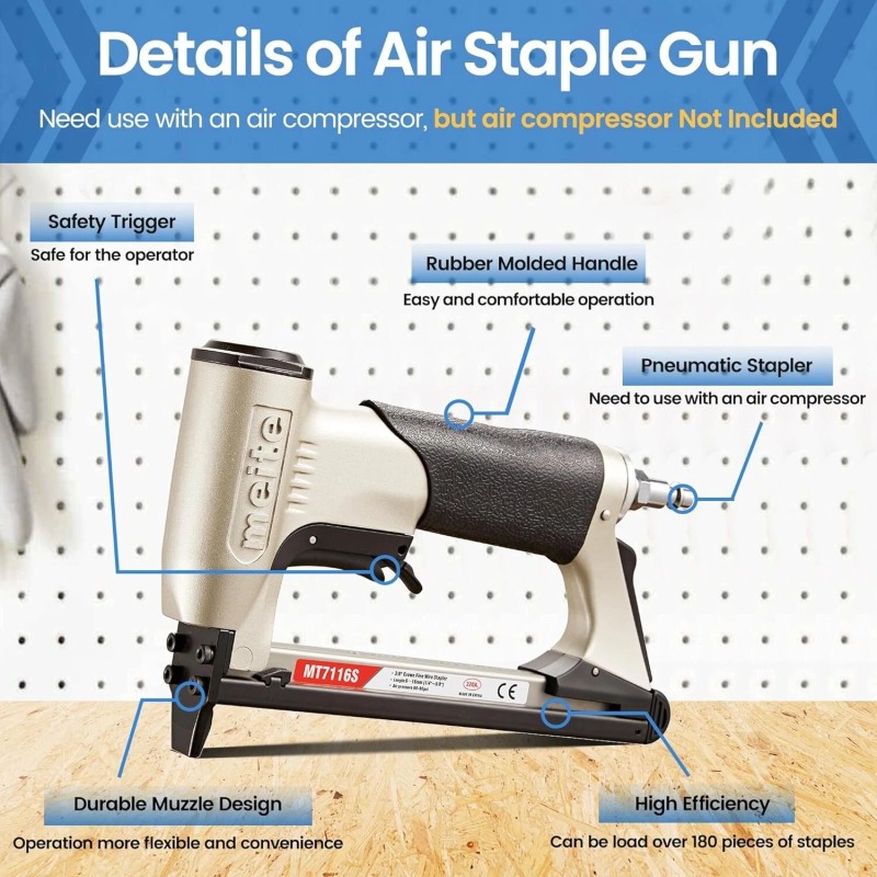 Meite 22GA 3/8" Crown Pneumatic Upholstery Stapler MT7116S With Safety