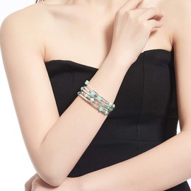 BULINLIN Chakra Beaded Bangle Bracelet for Girls Boho Silver Wrap Bracelet with Natural Agate Stone Beads Jewelry Gifts for Women(01-Water green)