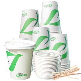 12 oz Compostable Paper Cups with White Flat Lids and Wooden Stirrers - Biodegradable Disposable White Paper Coffee Cups PLA Lined - Eco-friendly Hot and Cold Drinking Cups (150)