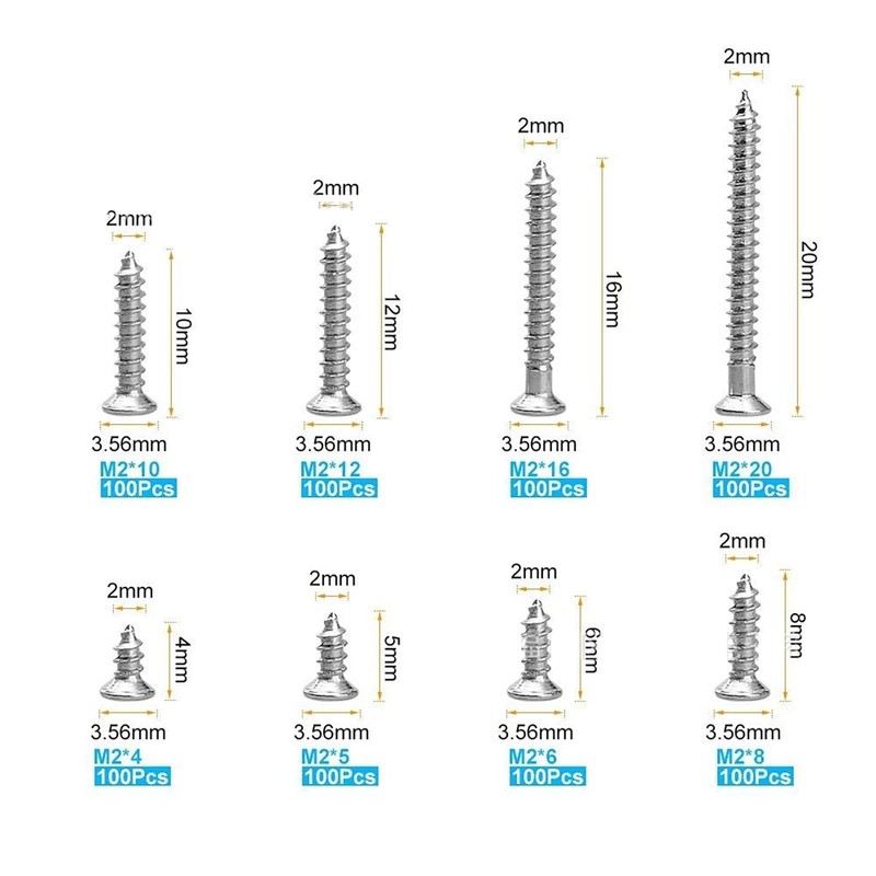 Self Tapping Screws Set, 800 Pcs M2 304 Stainless Steel