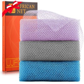 UJFQBH 3 Pieces African exfoliating net African Net Long Net Bath Sponge Exfoliating Shower Body Scrubber Back Scrubber Skin Smoother,Great for Daily Use (Purple Gray Blue)